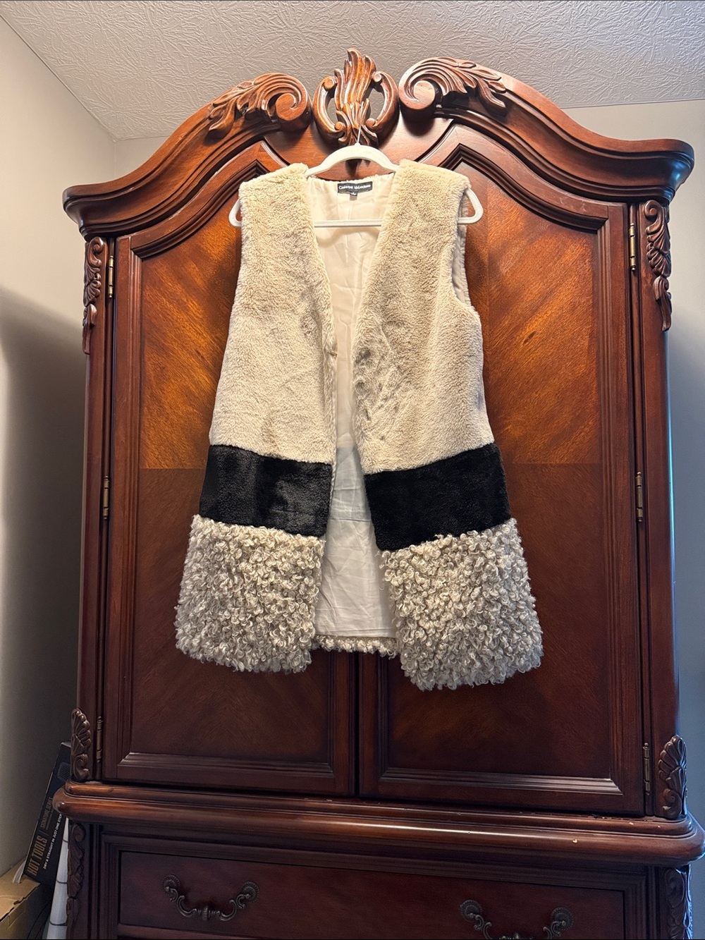 Catherine Malandrino Cream and Black Faux Shearling Panel Vest